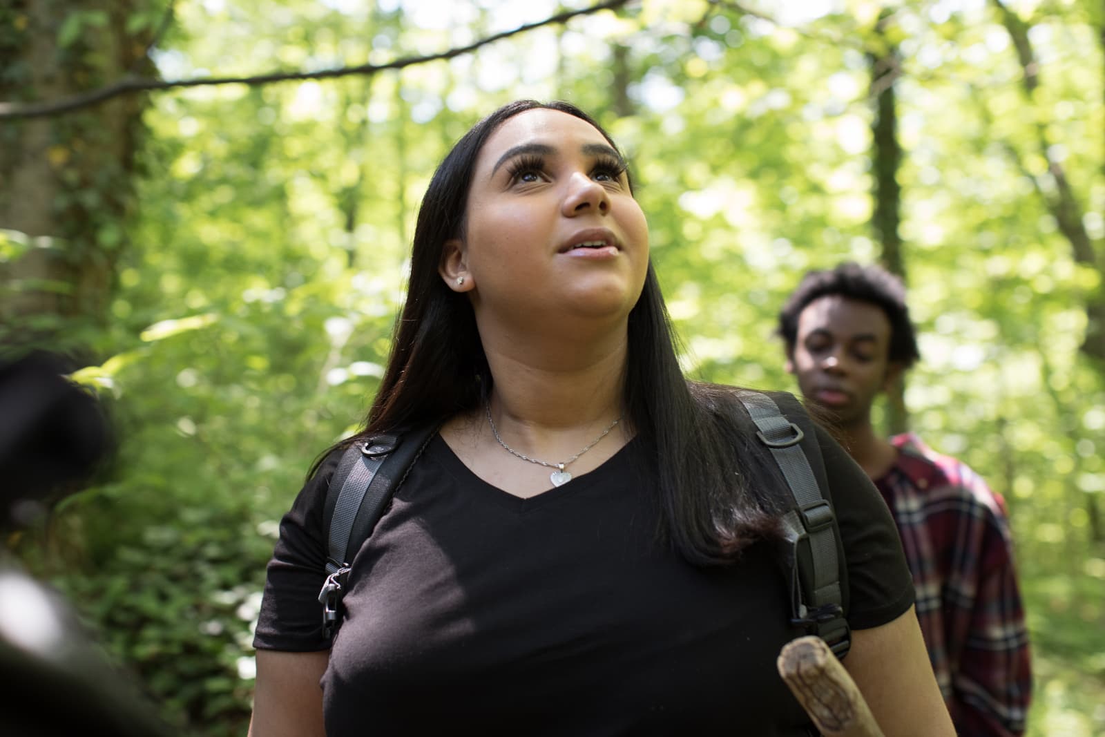 Two people walking through a forest